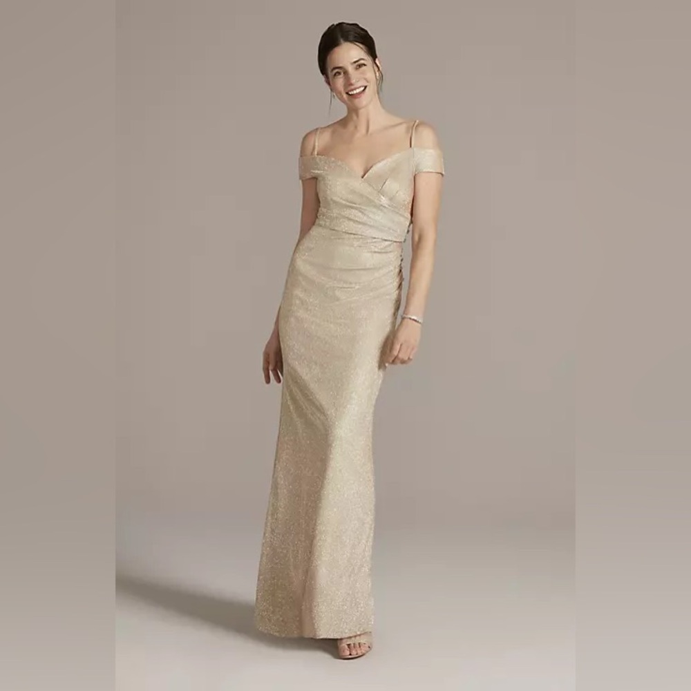 OLEG CASSINI • Champagne • off-the-shoulder metallic sheath gown • Size 16